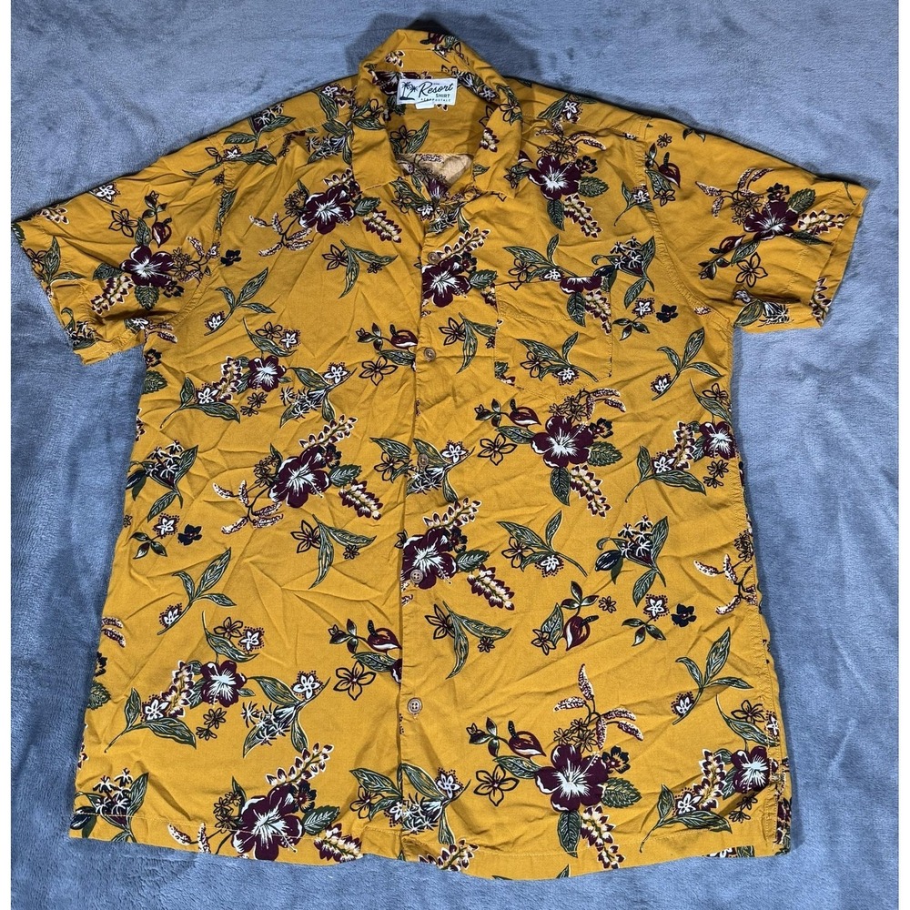 Aeropostale Shirt Mens Large Yellow Hawaiian Floral Short Sleeve Button Up